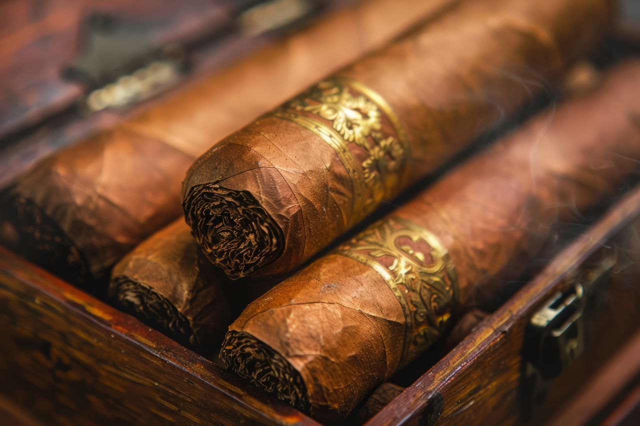 Close-up of Rolled Cigars in Wooden Box Pro