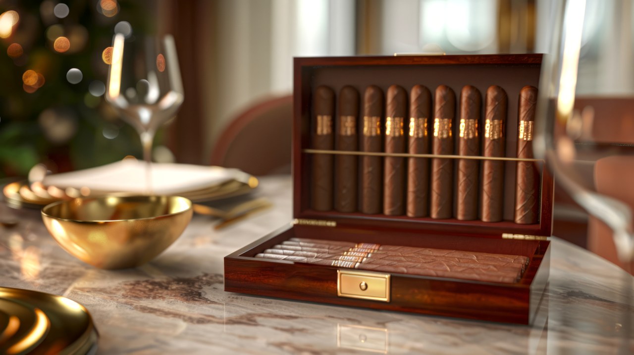  Elegant open wooden cigar box placed on intricate marble table in luxurious setting