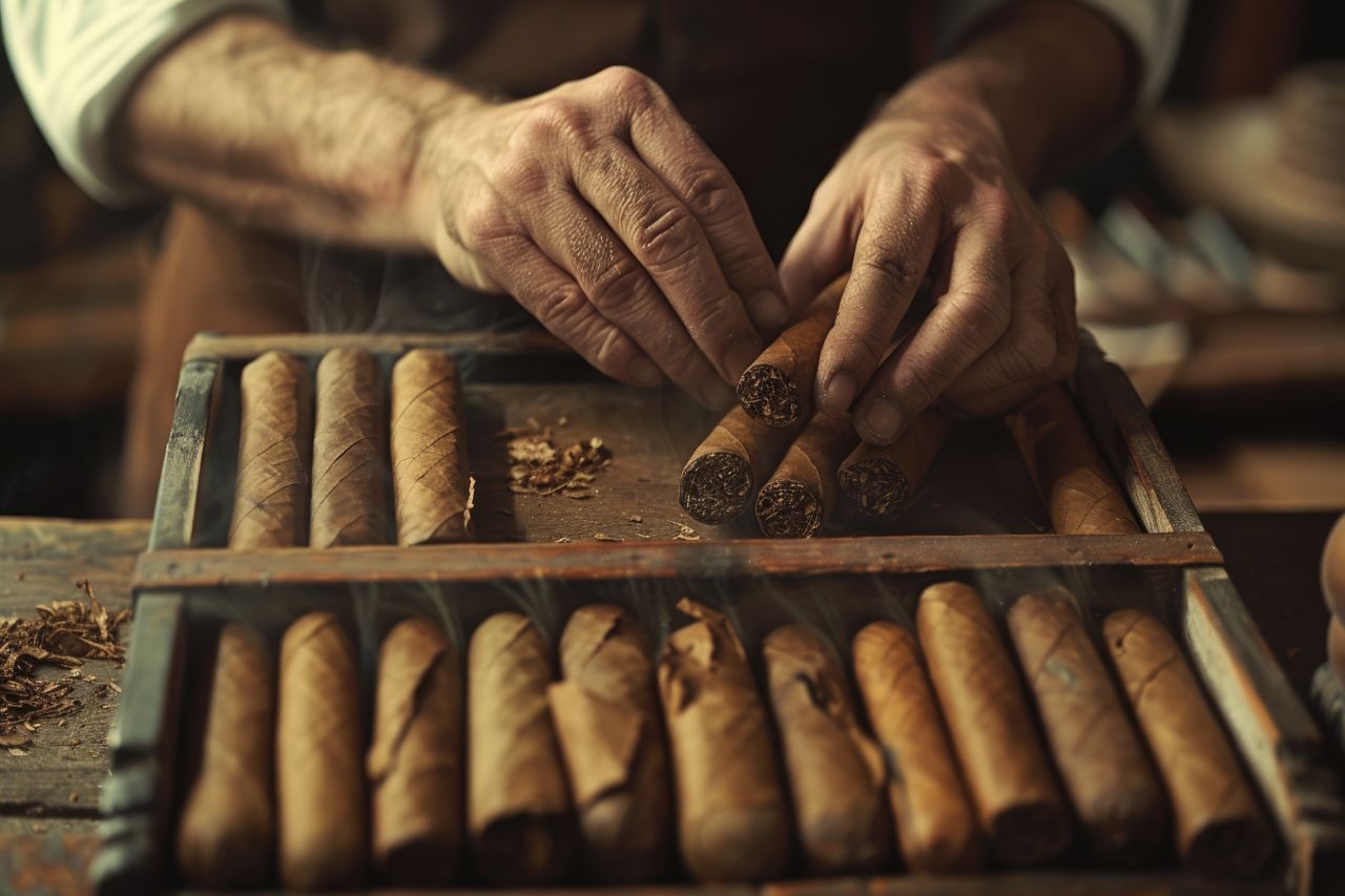 Master craftsman hand rolls high end cigars in close up process