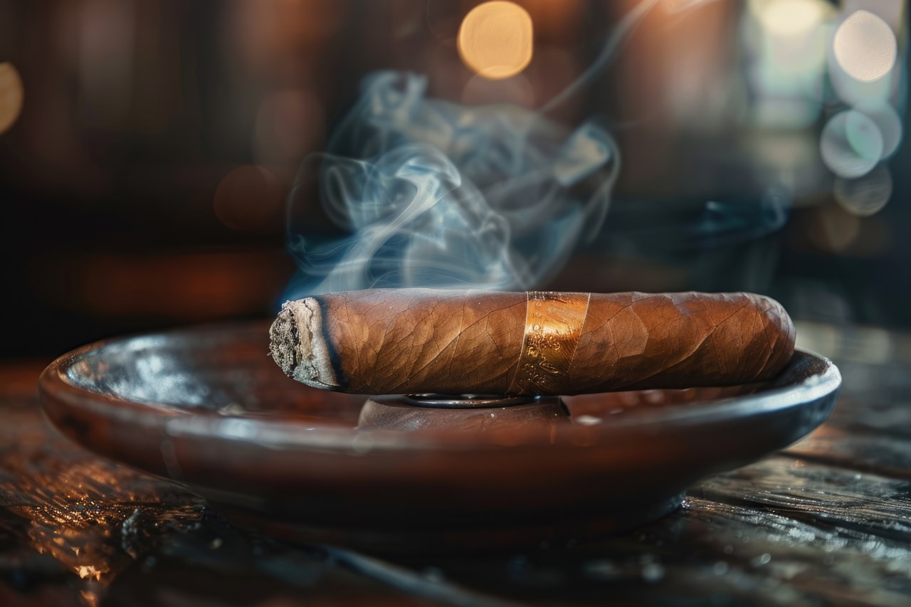 cigar with smoke resting on an ashtray