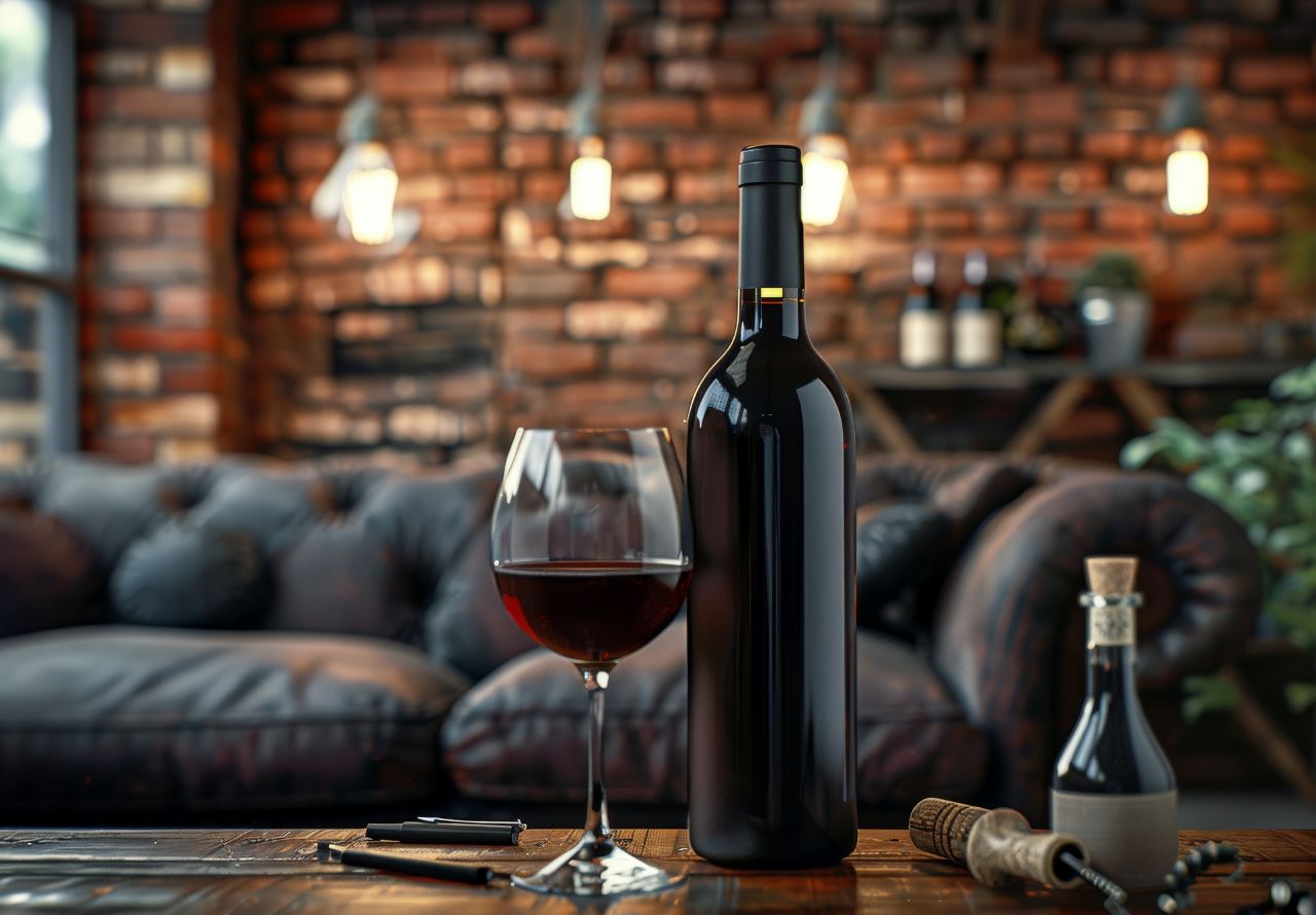 glass and bottle of red wine on top of a table